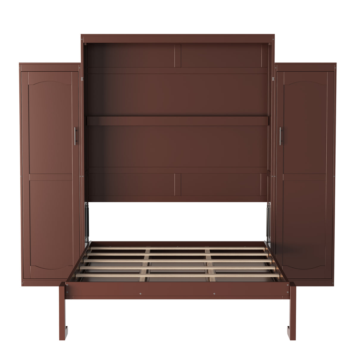 variant-group:rf-n733s235627d|Roomfitters Queen Murphy Wall Bed with Two Wardrobes and Storage Shelf, Foldable Platform Bed Frame for Guest Room, Walnut