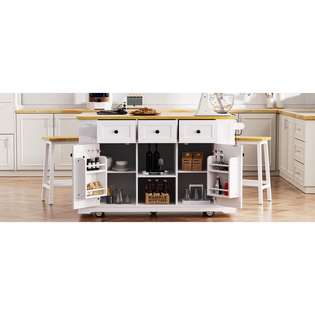 variant-group:rf-n707s003007w|Roomfitters 53" Kitchen Island with 2 Bar Stools, Drop Leaf, Power Outlet, Rolling Kitchen Cart Set with Storage, White
