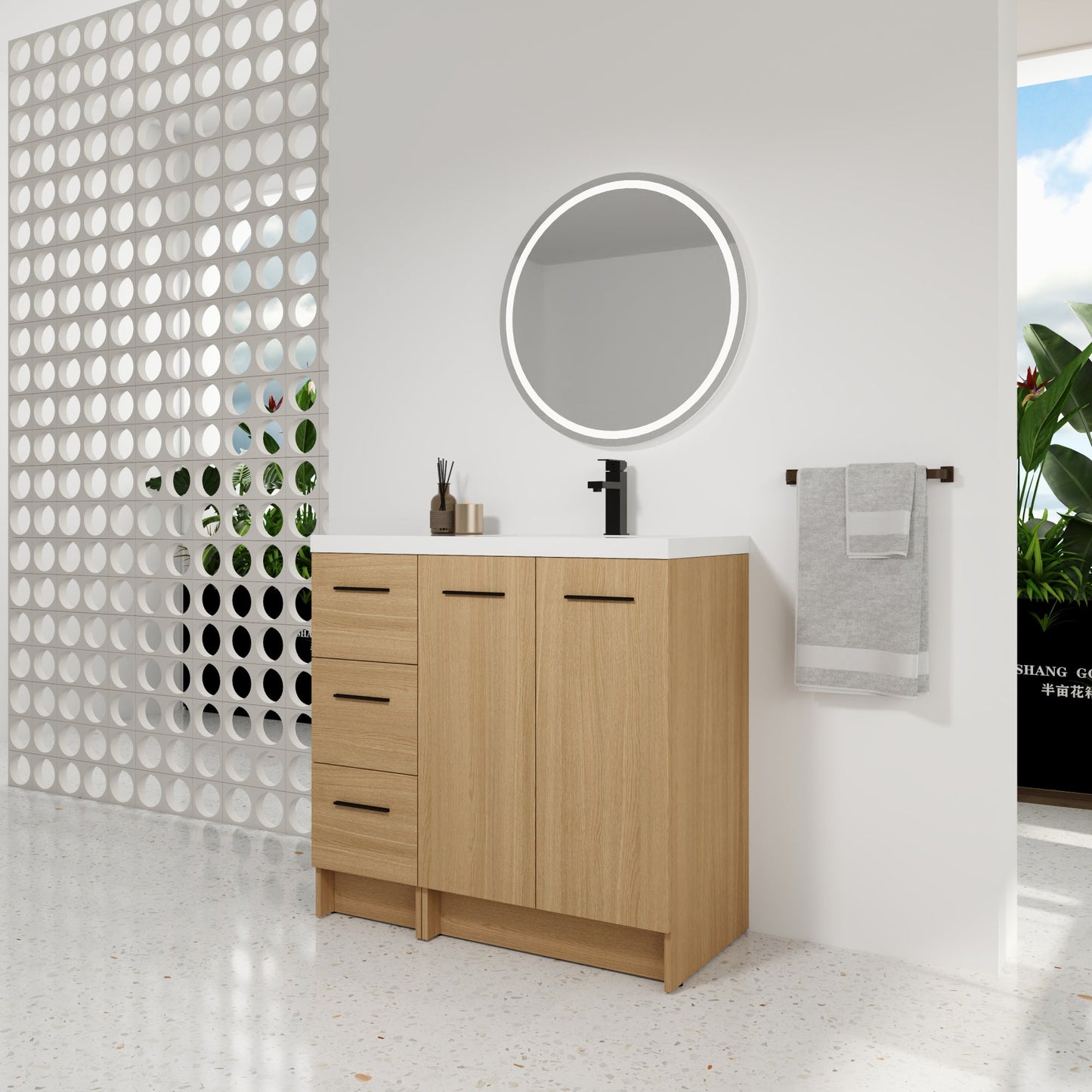 36" Modular Freestanding Bathroom Vanity with 36" Resin Sink Top, Light Oak, 2-Piece Cabinet (24" 2-Door + 12" 3-Drawer), KD Cabinet, Includes Black & Brushed Aluminum Handles Roomfitters