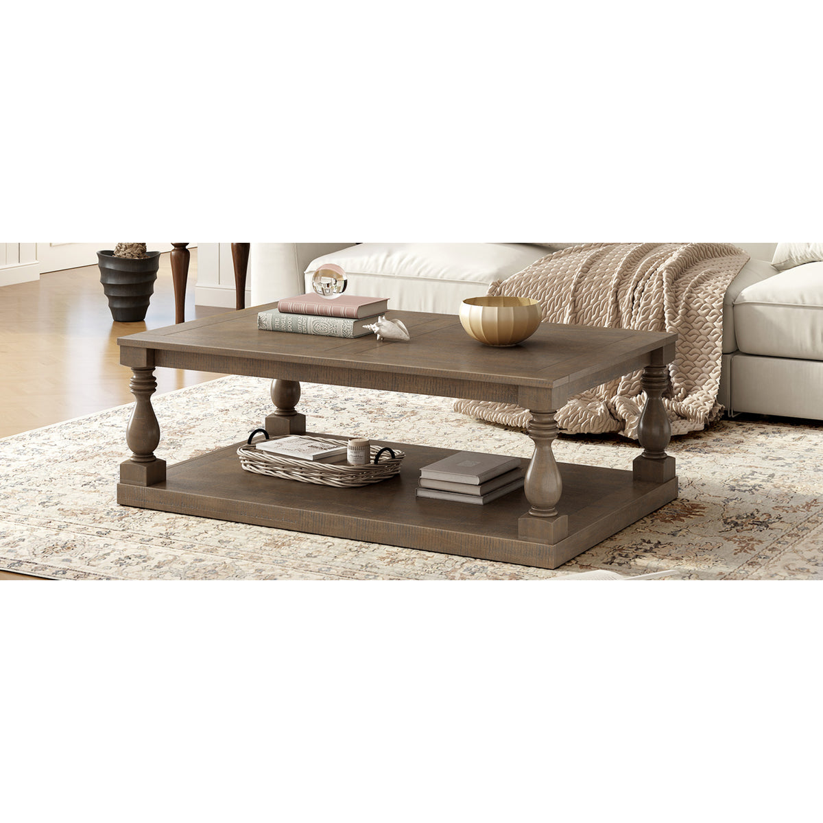 variant-group:rf-n711p407149d|Roomfitters Vintage Brown Pine Wood Coffee Table, Sculpted Vase Column Leg Cocktail Table, Living Room Statement Stand