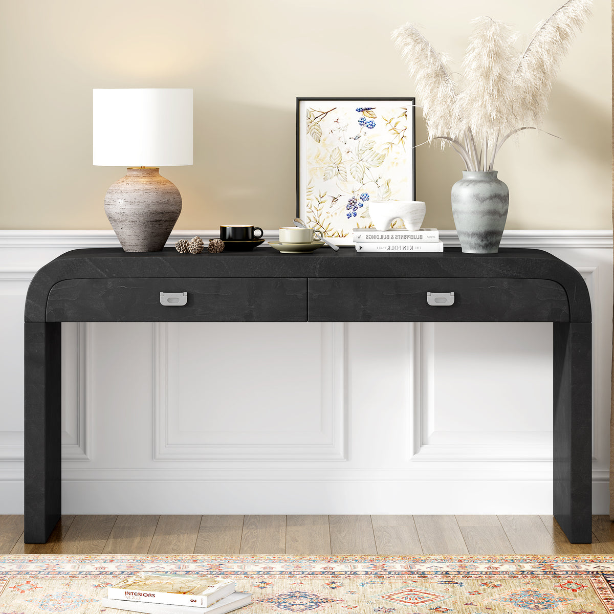 variant-group:rf-n711p216235b|Roomfitters 60'' Modern Wooden Console Table with 2 Storage Drawers, Burl Veneer Entryway Table with Metal Handles for Living Room, Hallway or Office, Black