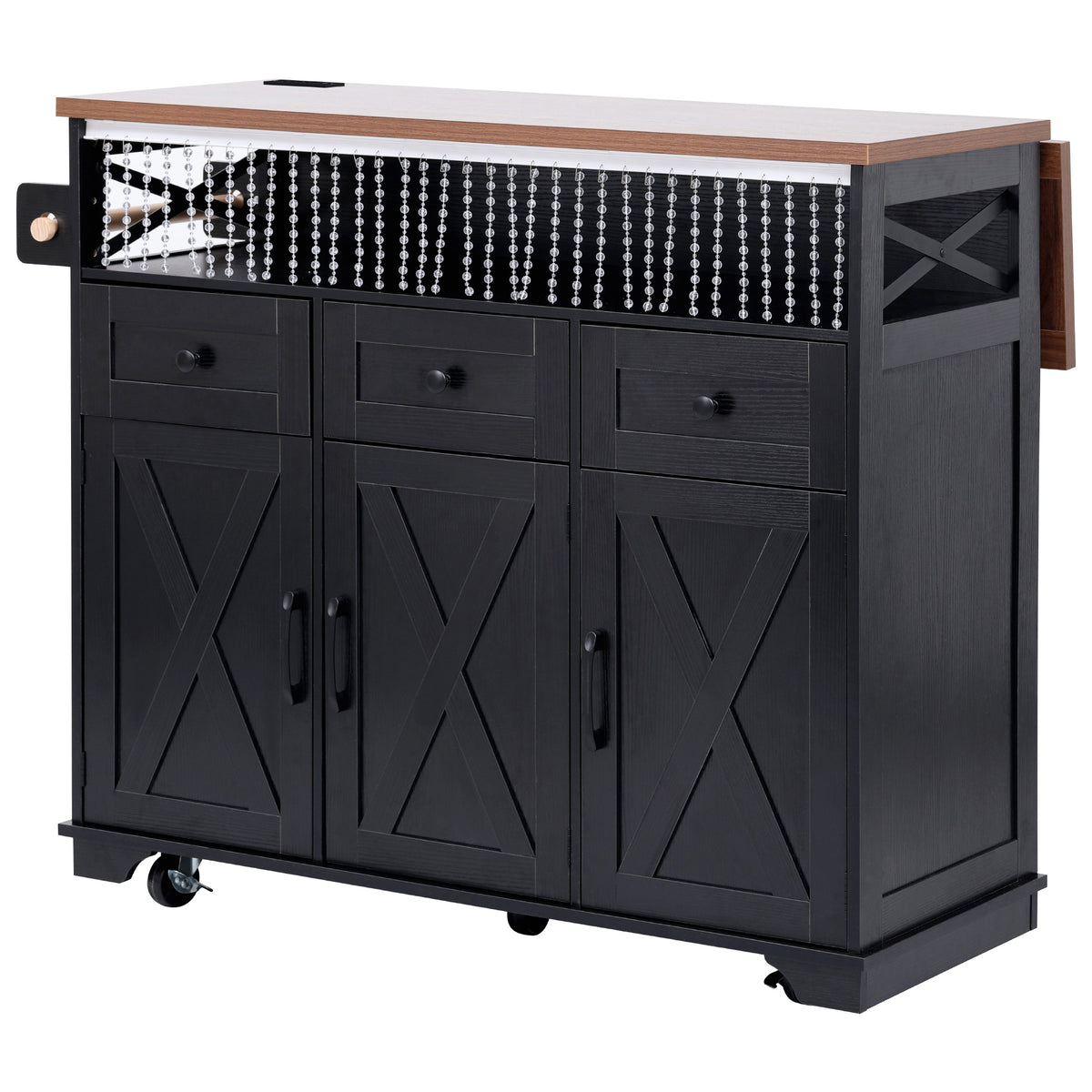 variant-group:rf-n707p254872b|Roomfitters 46.5" Rolling Kitchen Island with Drop Leaf, Mobile Cart with 2 AC Outlets & USB, Beaded Drape & 3 Drawers, Black