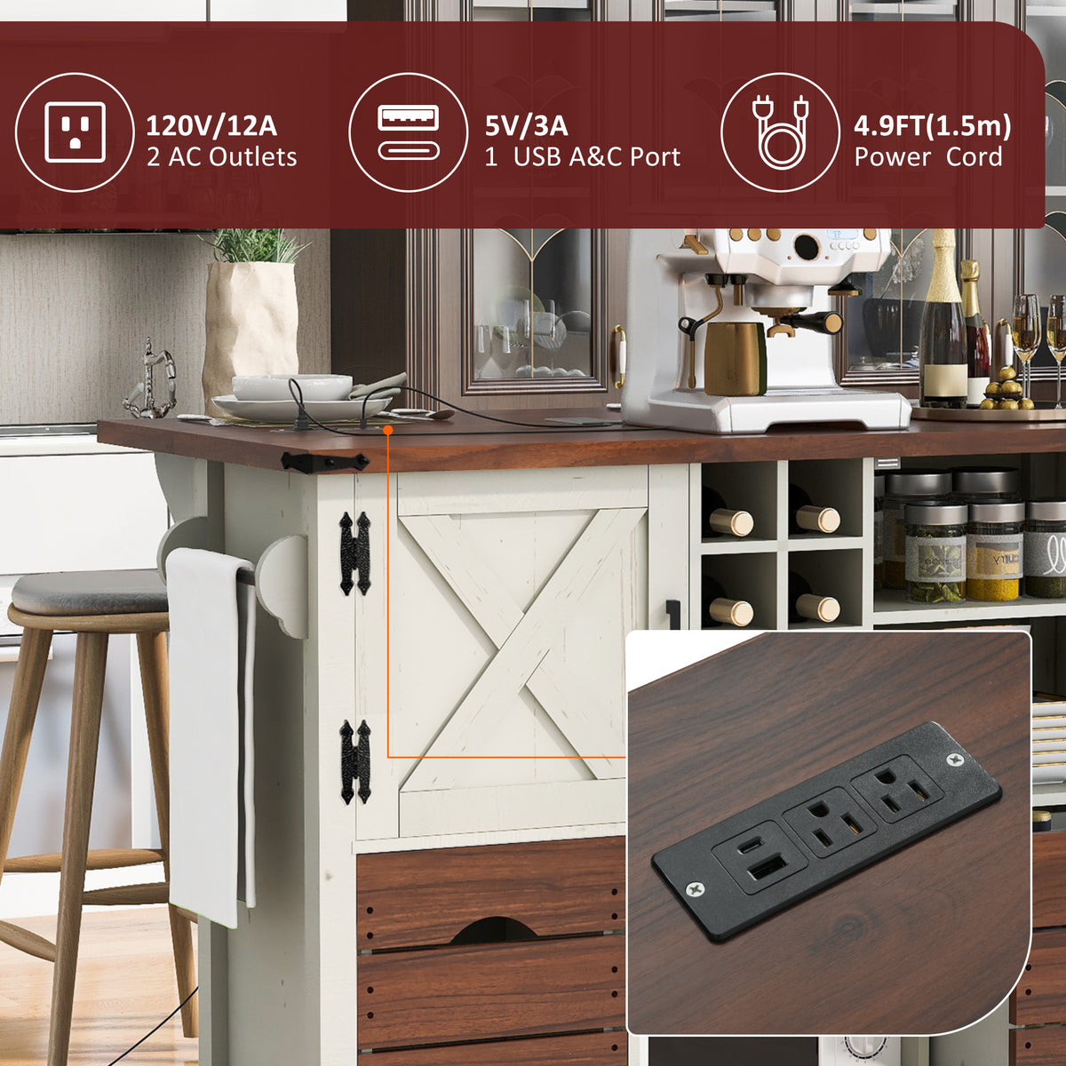 variant-group:rf-n707p349814w|Roomfitters 54" Farmhouse Kitchen Island with Drop Leaf, Power Outlet, Wine Rack, 2 Drawers, 2 Doors, White