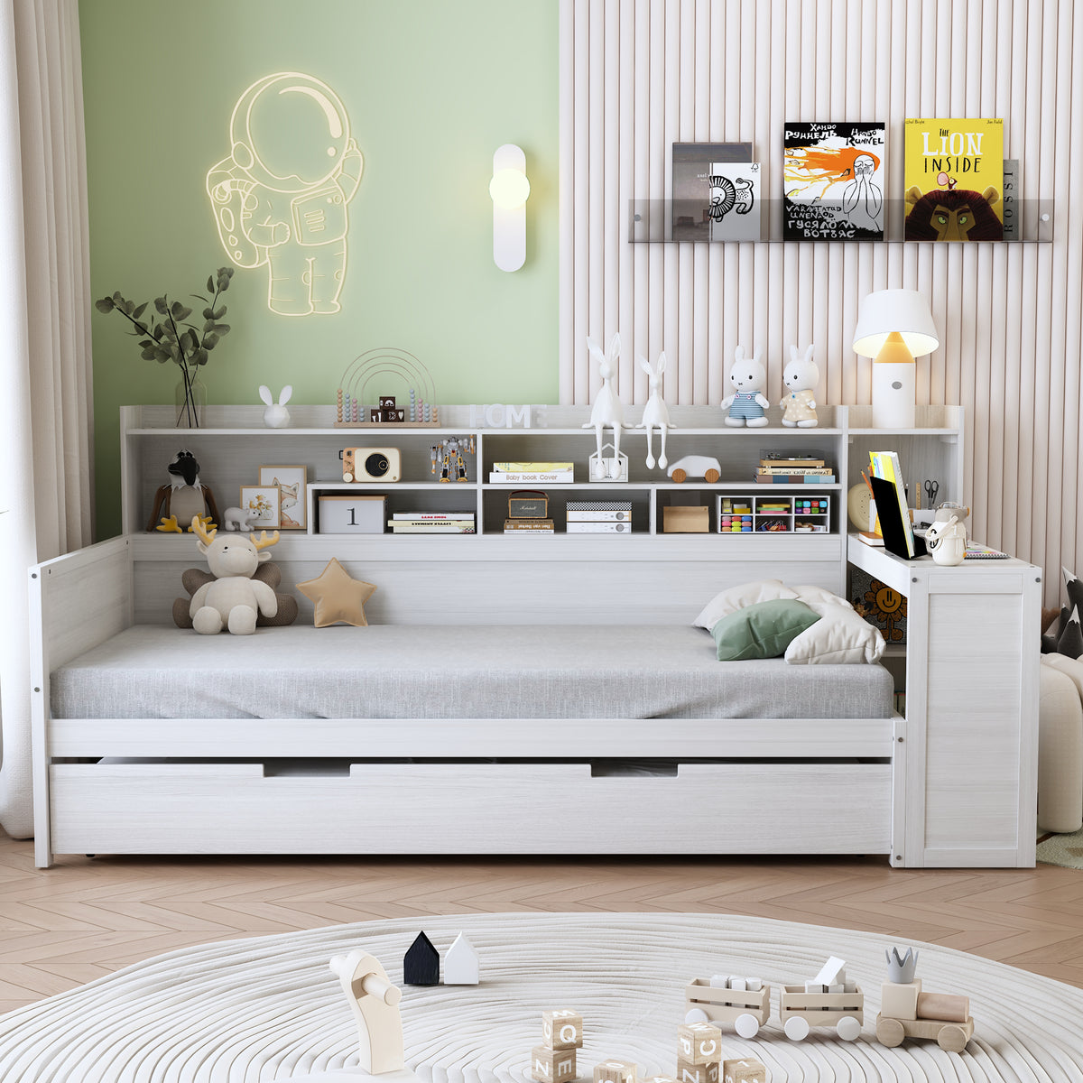 variant-group:rf-n733s373389k|Roomfitters Twin Daybed with Trundle, Storage Shelves and Desk, Wooden Multi-Functional Bed, Antique White
