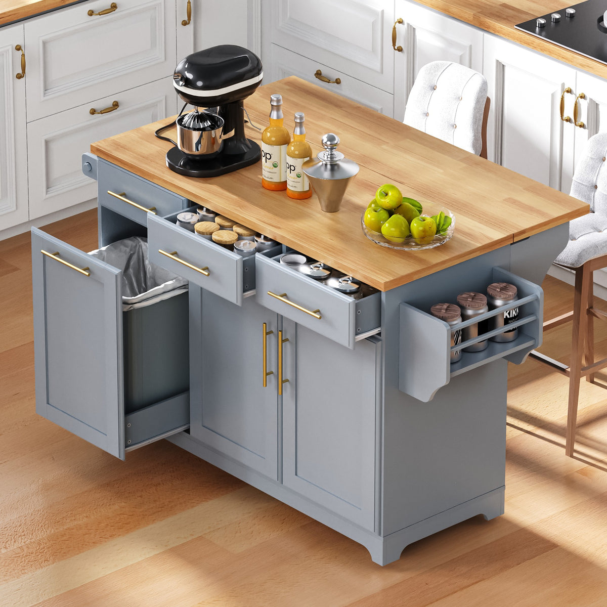 variant-group:rf-n707s299014g|Roomfitters 59.3" Kitchen Island with Power Outlet, Drop Leaf and Double Trash Can Pull Out, Rolling Cart, Grey+Blue