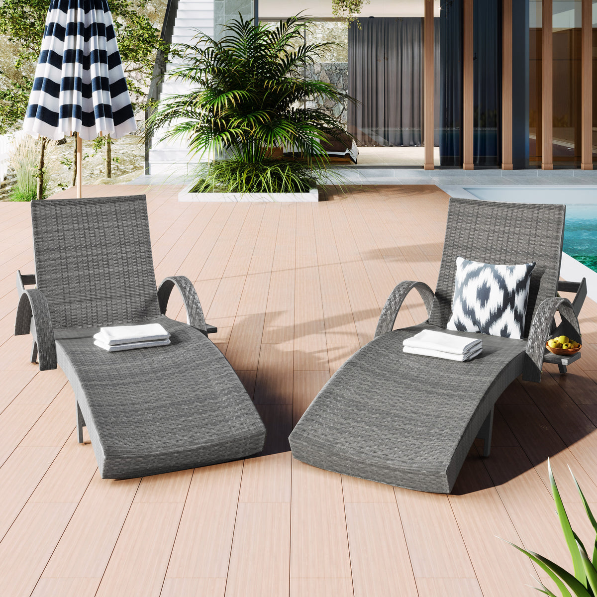variant-group:rf-n707wf321204aae|Roomfitters 80" Outdoor Wicker Chaise Lounge Chairs, Set of 2, Reclining Patio Chairs with Pull-Out Table, Grey