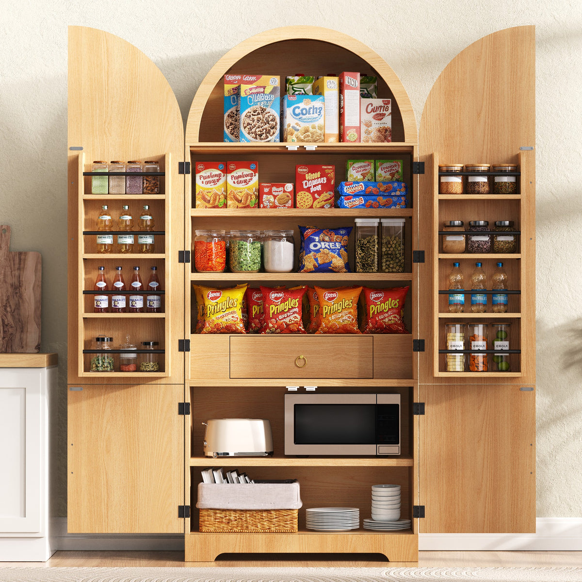 variant-group:rf-n707s000020y|Roomfitters 72" Tall Arched Kitchen Pantry Cabinet with Fluted Doors & Hidden Drawer, Natural
