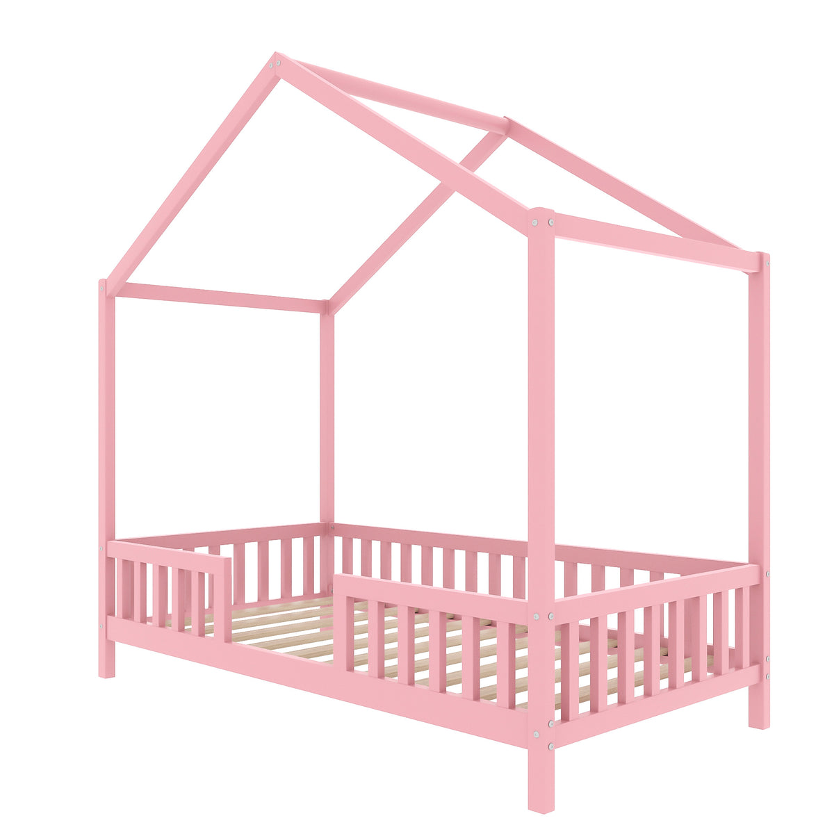 variant-group:rf-n733p356043h|Roomfitters Twin Montessori Floor Bed with Canopy, House Shape Wood Frame with Safety Rails, Youth Platform Bed, Pink