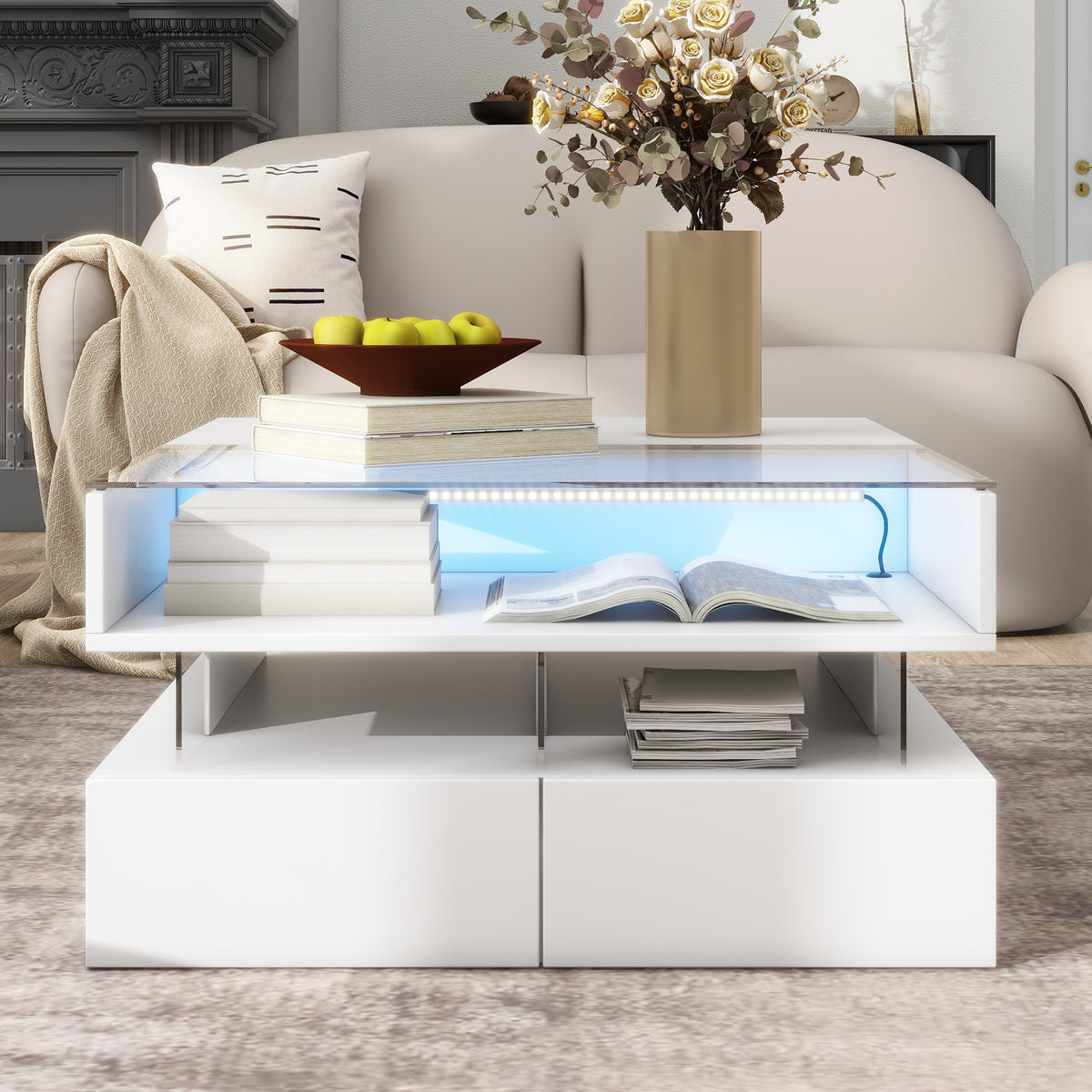 variant-group:rf-n724p290043k|Roomfitters Lift-Top Square Coffee Table with Glass Surface, Hidden Storage, High Gloss Finish, White