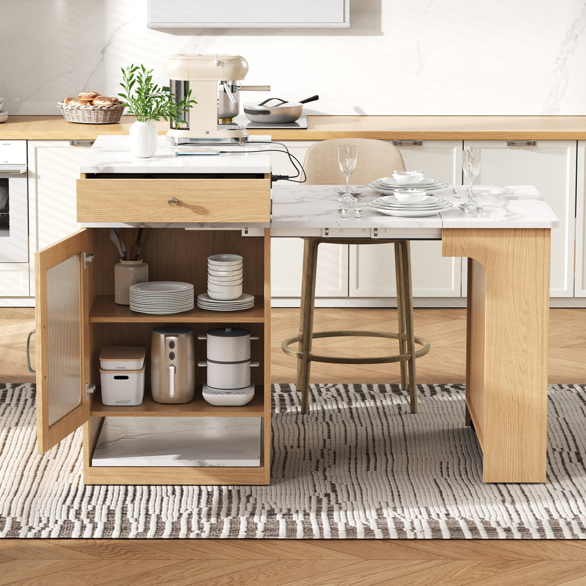 variant-group:rf-n707s000017y|Roomfitters 59.5" Kitchen Island with 41.8" Extendable Dining Table, Double-Sided Storage, Power Outlet, 2 Drawers, Natural