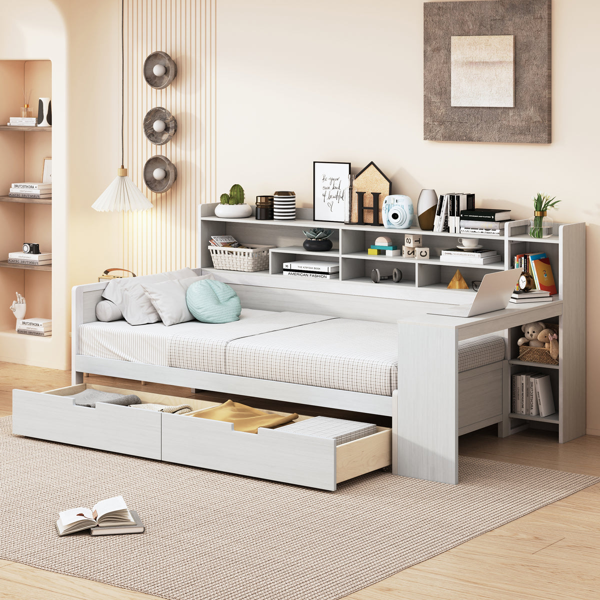 variant-group:rf-n733s241484k|Roomfitters Wooden Twin Size Daybed with Storage Shelves, Multi-functional Bed with Two Storage Compartments and Study Desk, Antique White