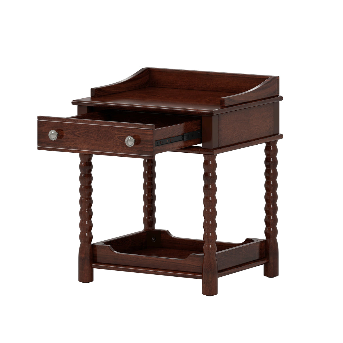 variant-group:rf-n733p206240d|Roomfitters Retro Style Bedside Table with Storage and Open Shelf, Turned Legs, and Metal Handle, Walnut