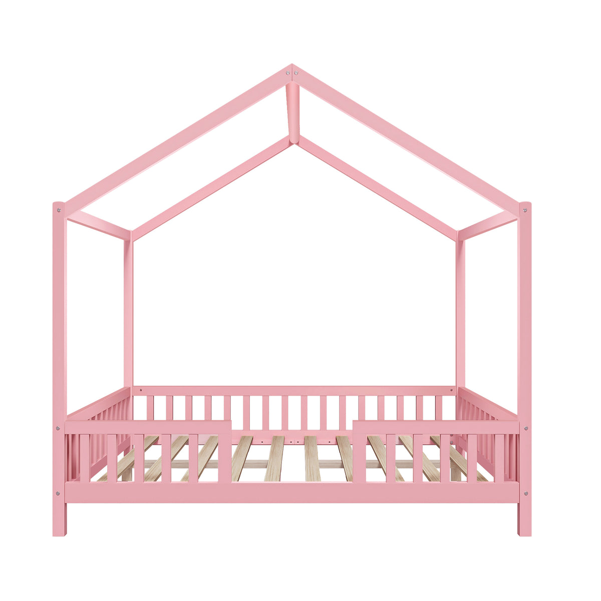variant-group:rf-n733p356048h|Roomfitters Full Montessori Floor Bed with Canopy, House Shape Wood Frame with Safety Rails, Platform Bed, Pink