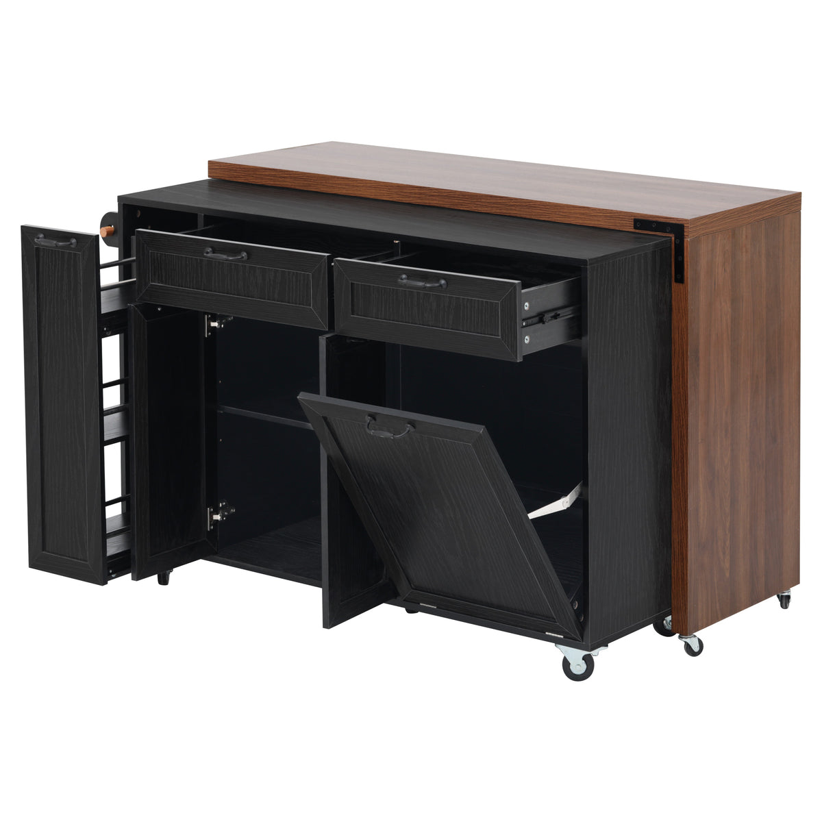 variant-group:rf-n707s000026b|Roomfitters 102.3" Kitchen Island with Tilt Out Trash Can Cabinet, Rolling Storage Cart, Slide-out Spice Rack, Black