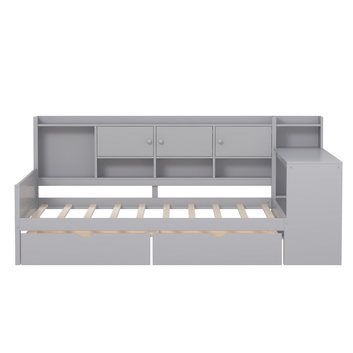 Roomfitters Wooden L-Shape Daybed with Storage Cabinets, Study Desk, Built-In Bookshelf, Space-Saving Platform Bed, Gray