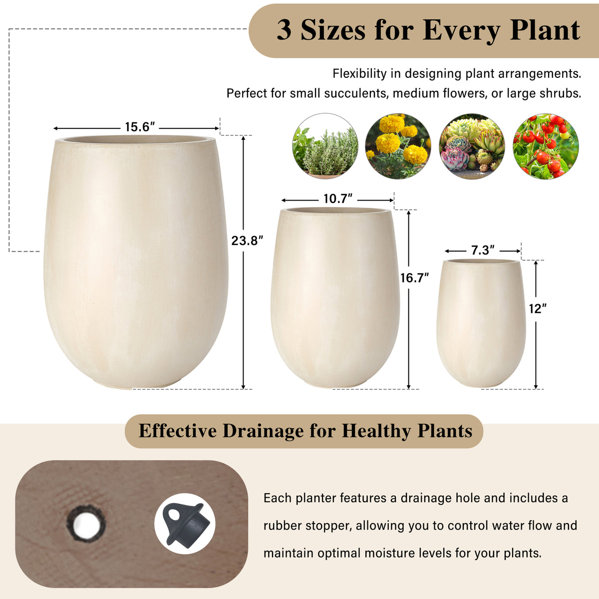 variant-group:rf-n711p406658a|Roomfitters Lightweight Round MGO Planter Set, 3-Piece Graduated Outdoor Flower Pots, Beige Weather-Resistant Urns