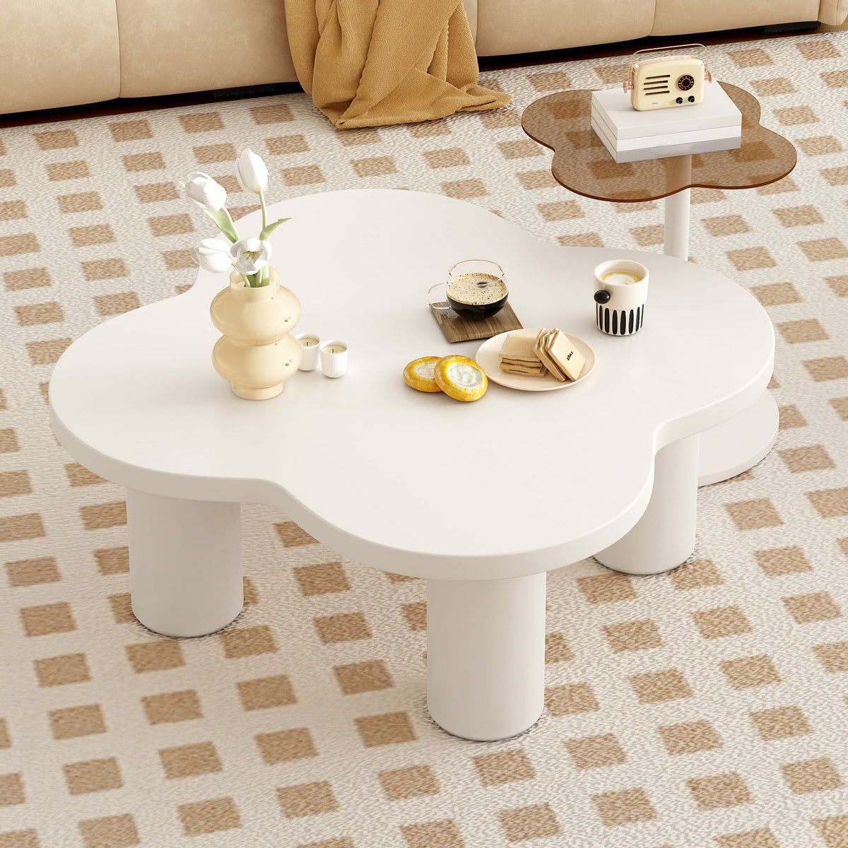Roomfitters Modern Coffee Table Set of 2 with Irregular Shape and Glass End Table, Roman Column Legs, White Roomfitters