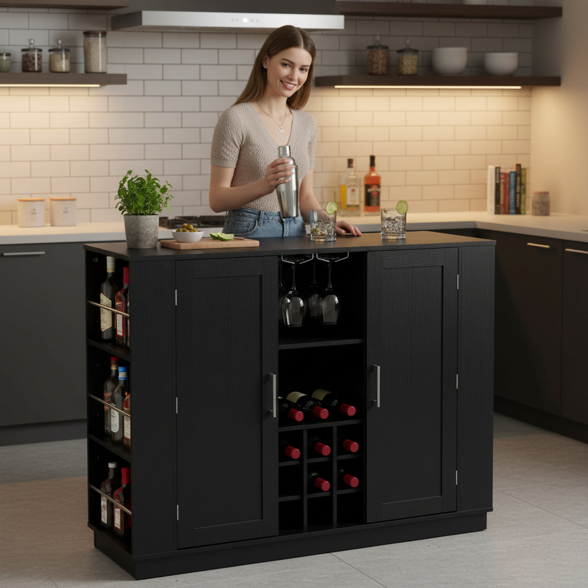 variant-group:rf-n711p437715b|Roomfitters 47.2-Inch Counter Height Bar Cabinet, Black Sideboard Buffet Table, Foldable Drop Leaf, Built-In Power
