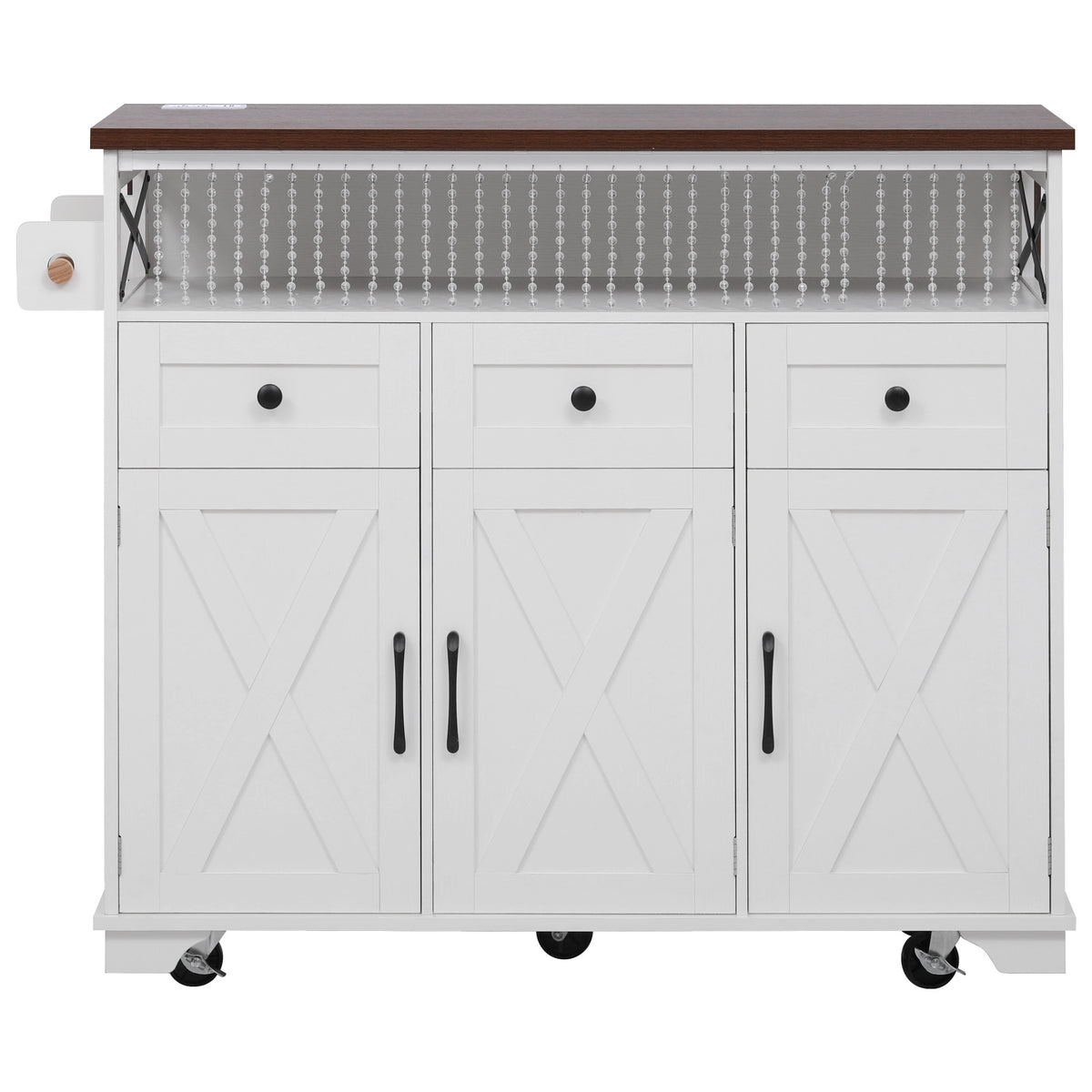 variant-group:rf-n707p254872w|Roomfitters 46.5" Rolling Kitchen Island with Drop Leaf, Mobile Cart with 2 AC Outlets & USB, Beaded Drape & 3 Drawers, White