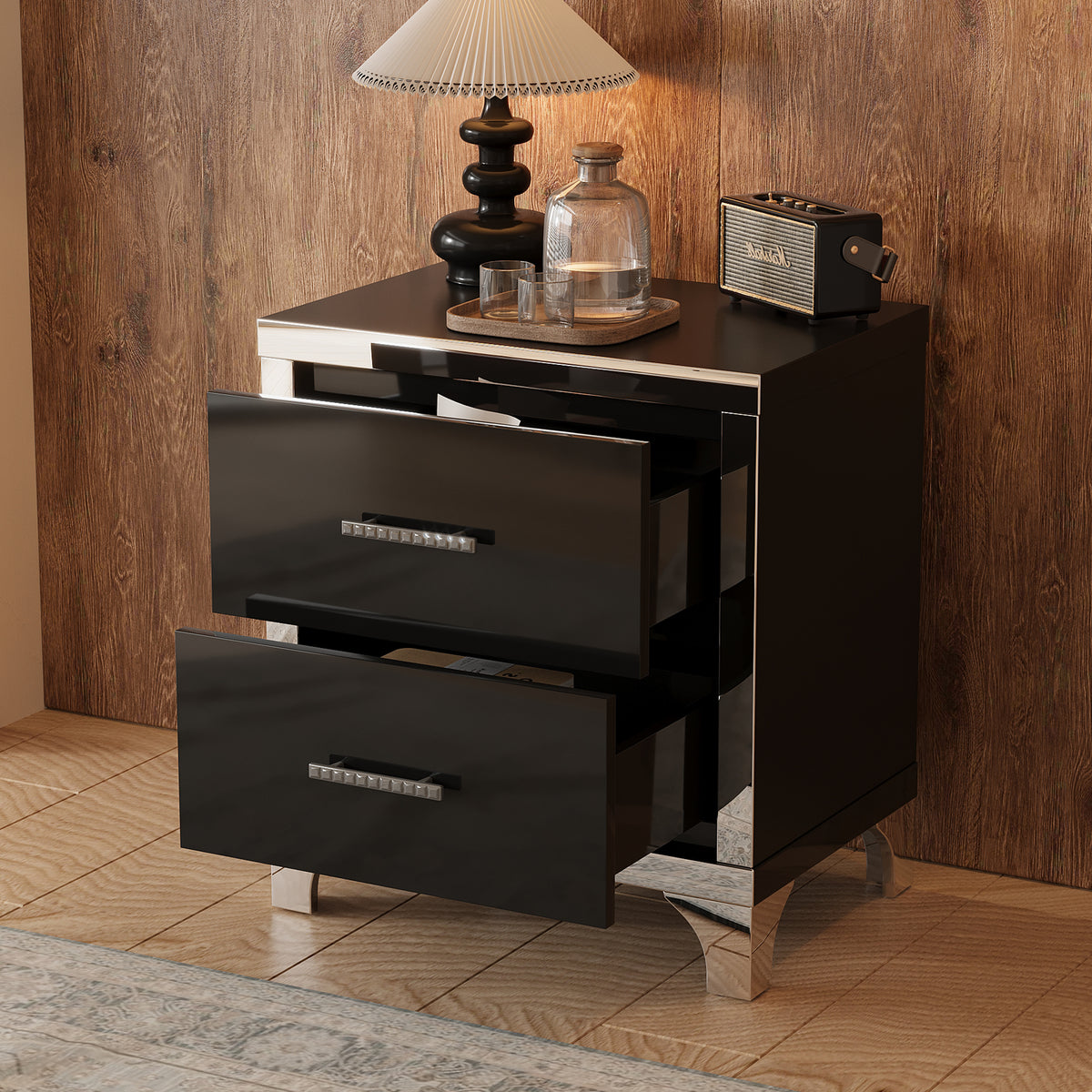 variant-group:rf-n733p205356b|Roomfitters High Gloss Nightstand with Metal Handle, Mirrored Bedside Storage Table for Bedroom or Living Room, Black