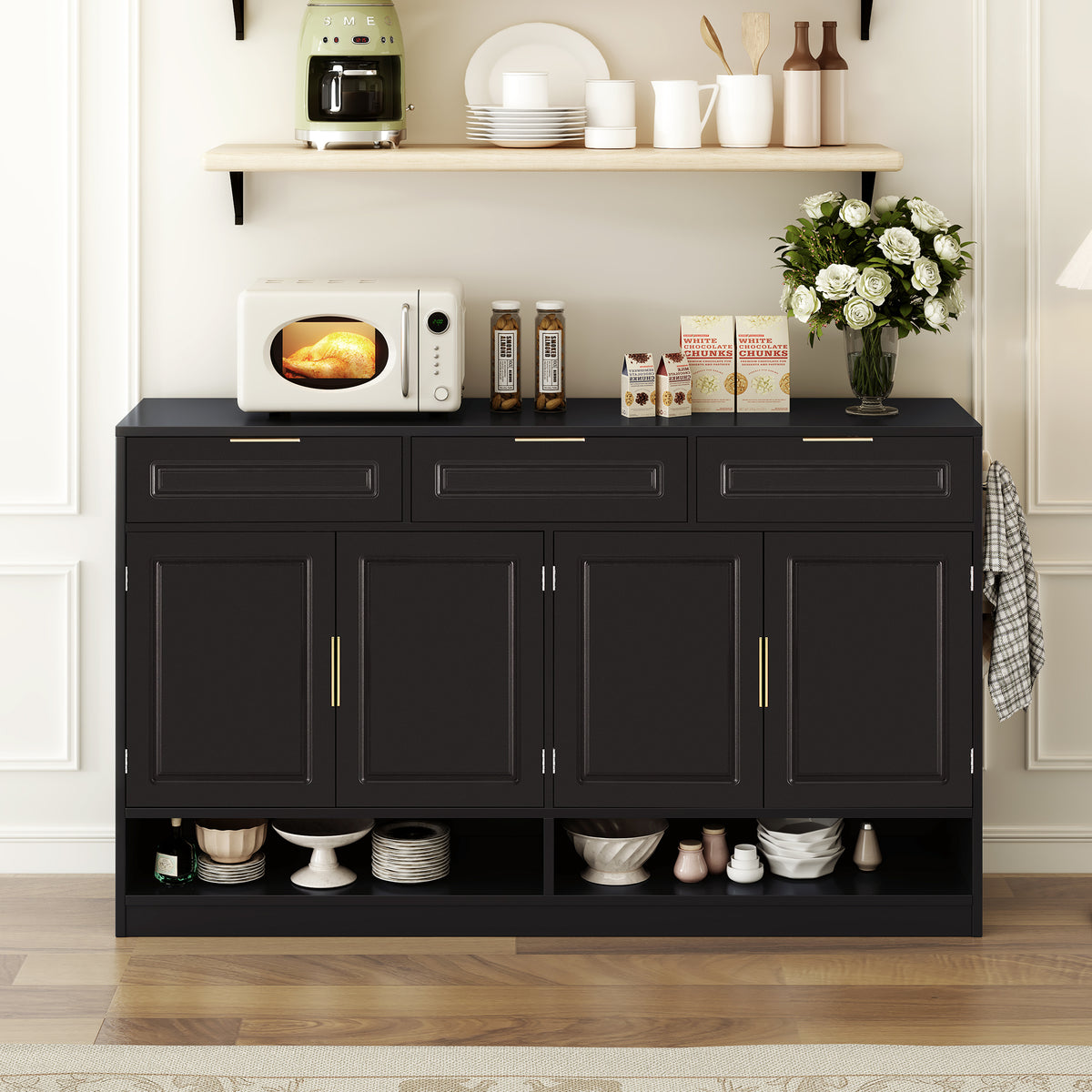 variant-group:rf-n711p345213b|Roomfitters 59.1" Farmhouse Sideboard Buffet Cabinet with 3 Drawers and 4 Doors, Kitchen Storage with Open Shelf, Black