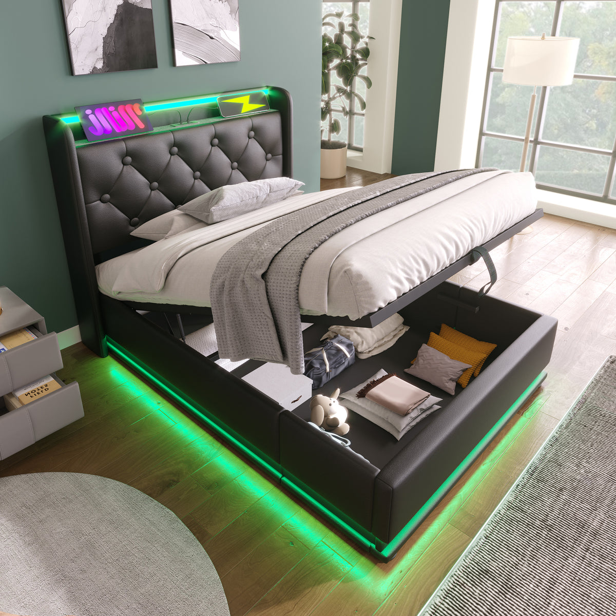 variant-group:rf-n736p188805b|Roomfitters Twin Size Upholstered Storage Bed with USB Type-C Charging and Remote Control, Faux Leather Black