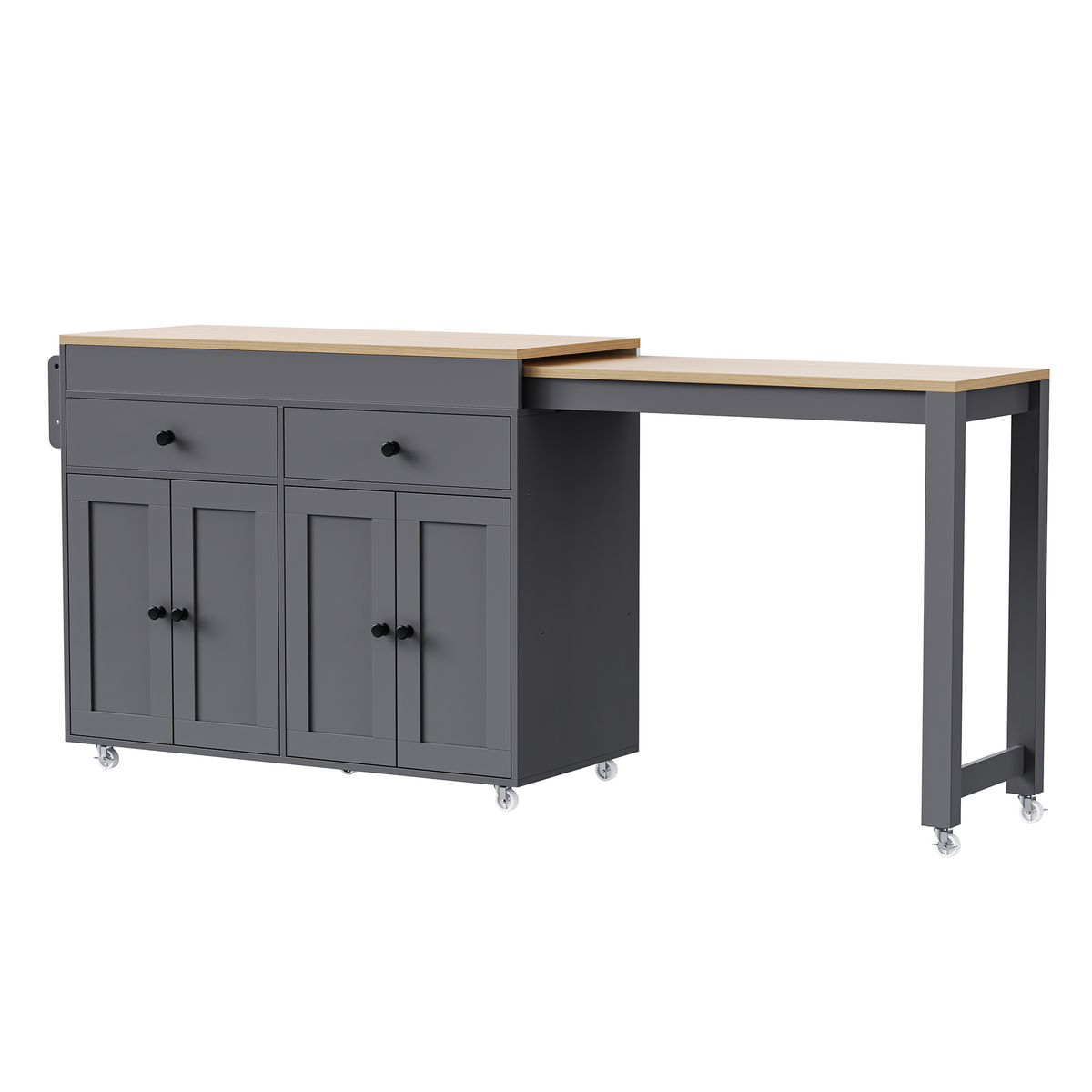 variant-group:rf-n707p333291g|Roomfitters 74.8" Rolling Kitchen Island with Extendable Dining Table, Mobile Cart with 4 Doors, 2 Drawers & Spice Rack, Grey
