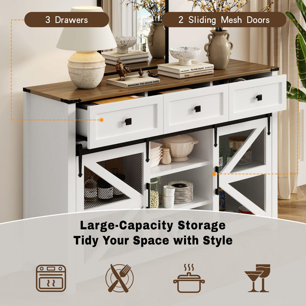 variant-group:rf-n711p347384k|Roomfitters 55" Sideboard Buffet Cabinet with 3 Drawers and Sliding Barn Doors, Farmhouse Storage for Kitchen & Dining, White