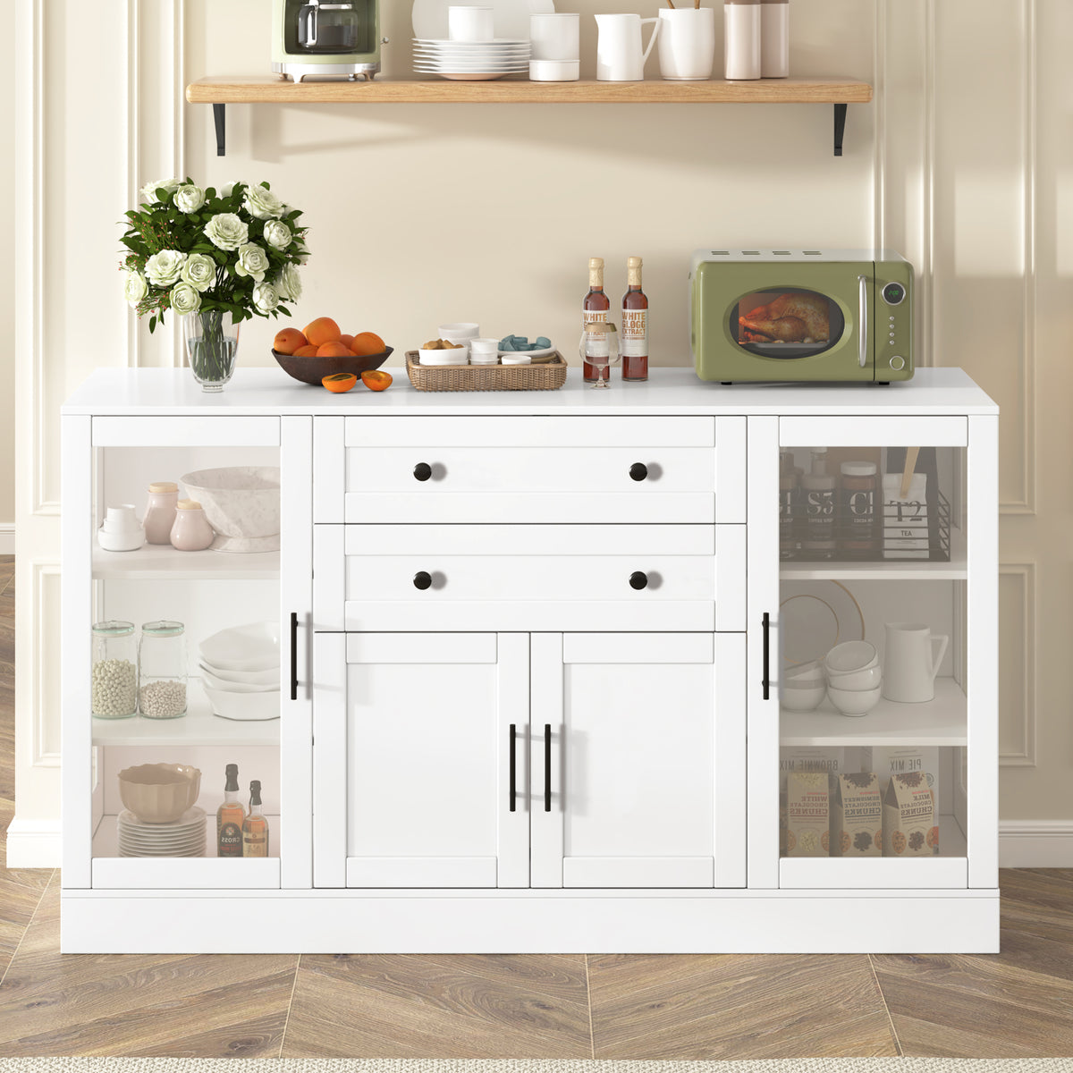 variant-group:rf-n711p437648k|Roomfitters Contemporary White Melamine MDF Buffet Sideboard Storage Cabinet Acrylic Doors Dining Room Kitchen Console