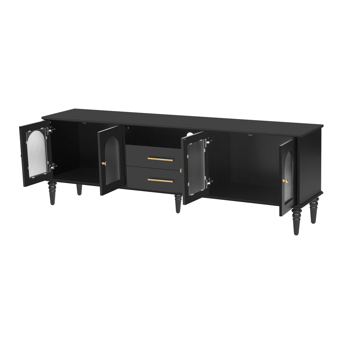 Roomfitters Retro TV Stand for up to 75 Inch TV, Fluted Glass Door Media Console with Five Wood Legs, Black Roomfitters