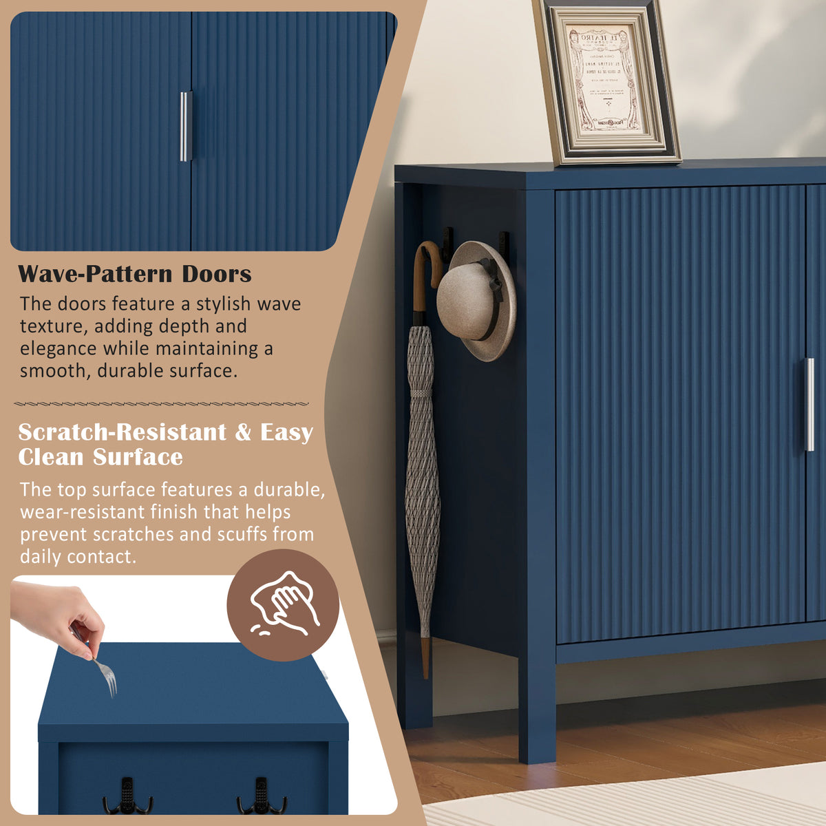 variant-group:rf-n711p345172v|Roomfitters Sideboard Buffet Cabinet with 3 Drawers, 2 Door Mid-century Fluted Accent Storage for Kitchen & Dining, Navy Blue