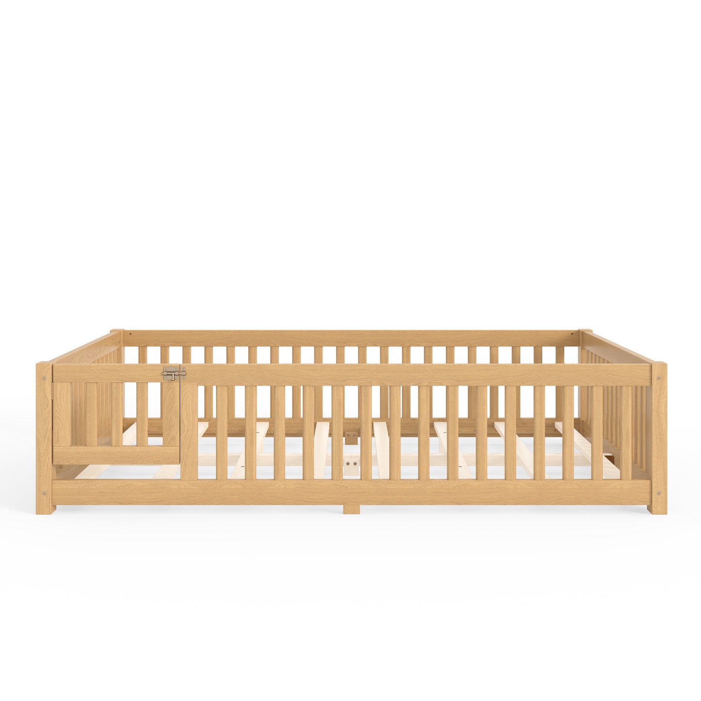 variant-group:rf-w1580p462325|Roomfitters Queen Size Wooden Floor Bed Frame with Safety Guardrails Door, Solid Wood Low Profile Toddler Play Bed, Natural