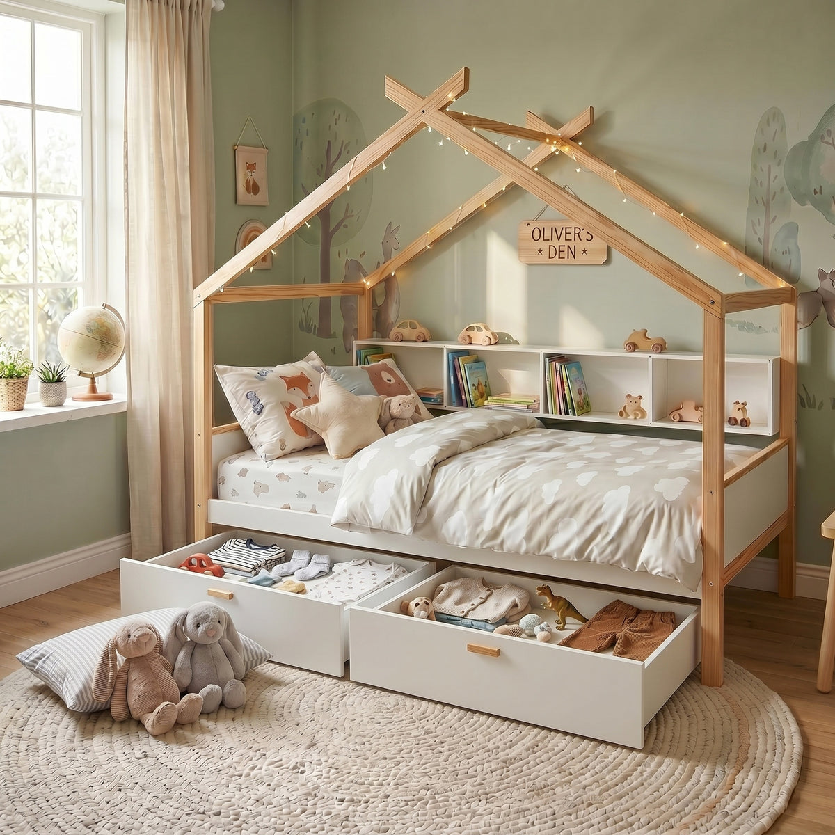 variant-group:rf-n701p443466k|Roomfitters Twin Size Wooden House Bed Frame with 2 Drawers, Bookshelf Storage Furniture, No Box Spring, White Natural