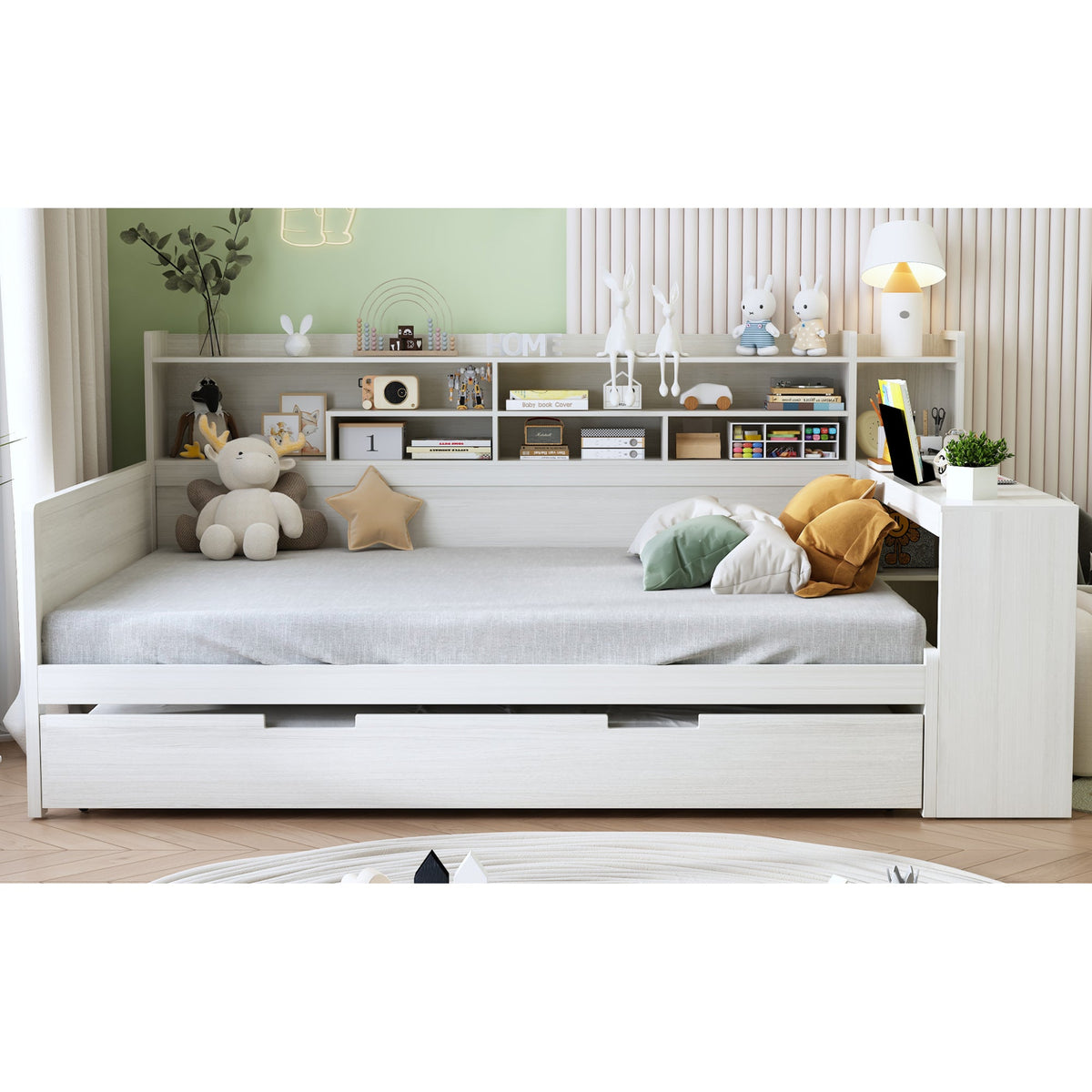 Roomfitters Wooden Full Size Daybed with Storage Shelves, Multi-functional Bed with Twin Size Trundle Bed and Study Desk, Antique White