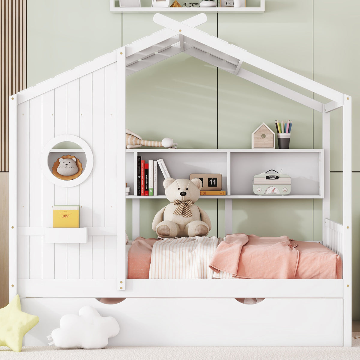 variant-group:rf-n733s316125k|Roomfitters Wooden Full Size House Bed with Trundle and Storage Shelf, White