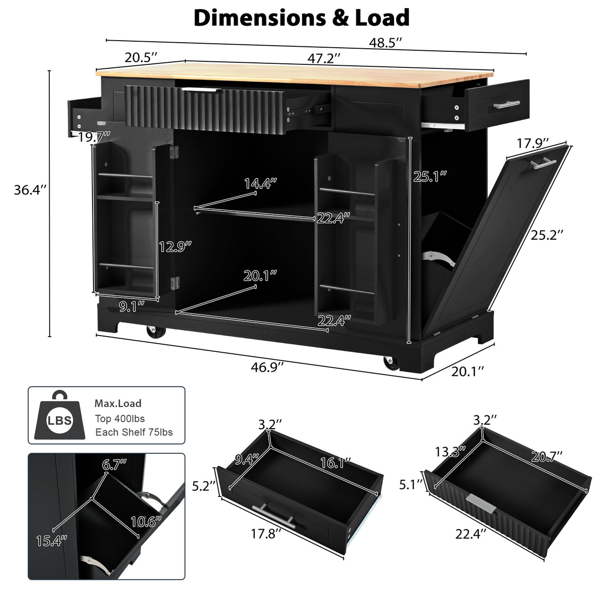 variant-group:rf-n707s221571b|Roomfitters Kitchen Island with Tilt Out Trash Can and Power Outlet, Fluted Storage Cabinet on Wheels, Black