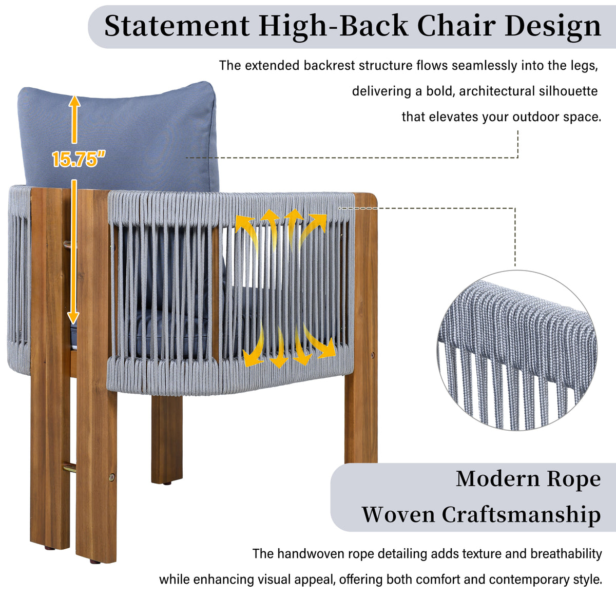 variant-group:rf-n711wy000496aae|Roomfitters 5-Piece Rope Woven Outdoor Dining Set, Farmhouse Solid Acacia Table, 4 Chairs Pack, Brown and Grey