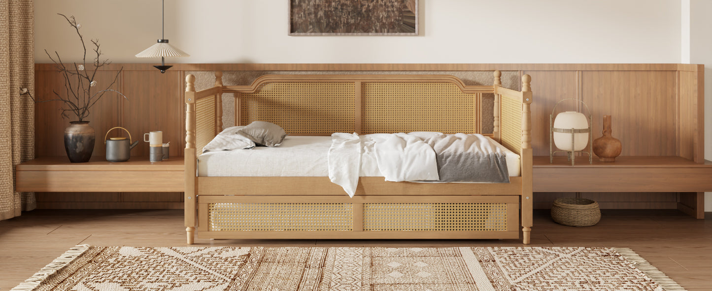 variant-group:rf-n701bs701p415494d|Roomfitters Full Size Traditional Rattan Daybed Frame with 2 Storage Drawers, French Country Wood Bed, No Box Spring, Walnut