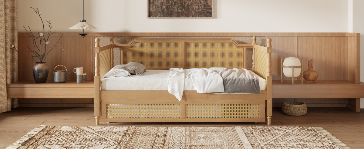 variant-group:rf-n701bs701p415494d|Roomfitters Full Size Traditional Rattan Daybed Frame with 2 Storage Drawers, French Country Wood Bed, No Box Spring, Walnut