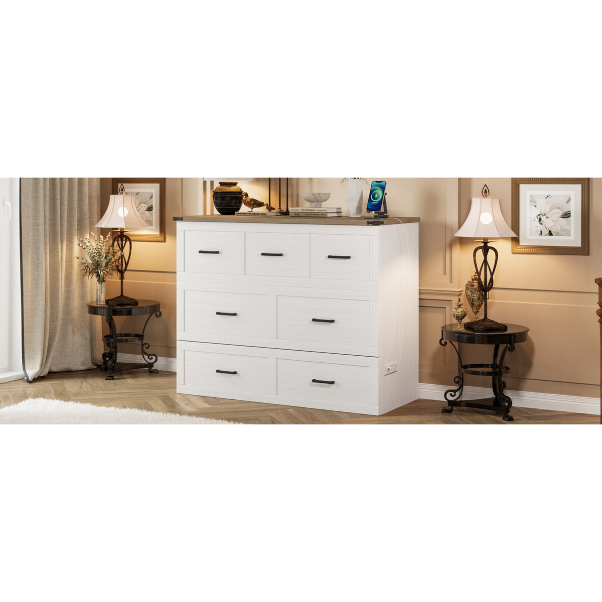 variant-group:rf-n733s293995w|Roomfitters Full Size Murphy Bed Cabinet with Charging Station, Foldable Platform Bed with Storage Drawer, White