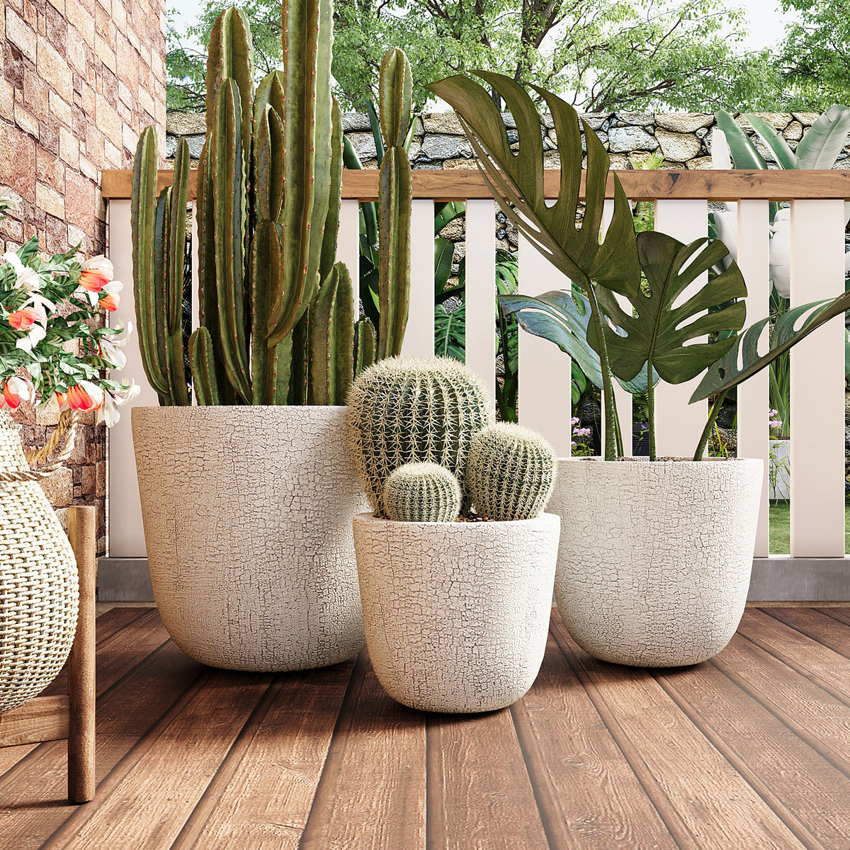 variant-group:rf-n711p406660a|Roomfitters Lightweight MGO Planter Set of 3, Round Weather Resistant Outdoor Indoor Flower Pots for Garden Patio, Beige