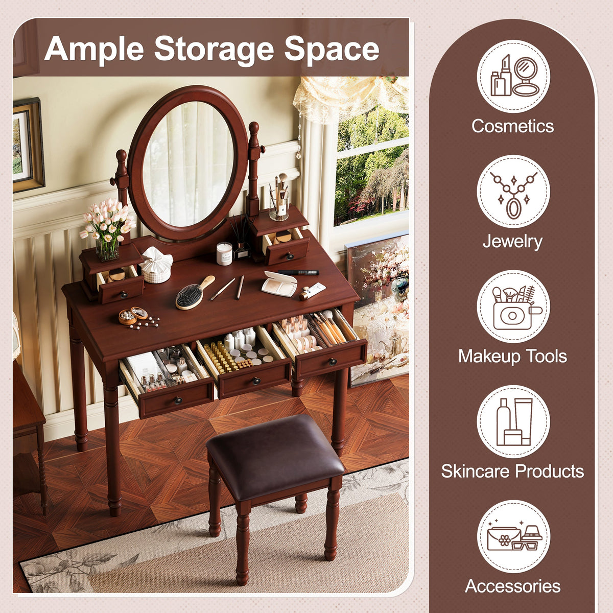 Roomfitters Vintage Vanity Desk with Adjustable Mirror, Makeup Table and Cushioned Stool Set, Wooden Dressing Table with 5 Drawers and Velvet Lining, Walnut