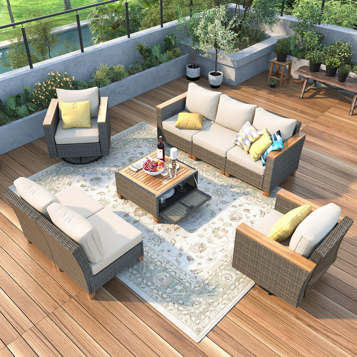 variant-group:rf-n707s005016z|Roomfitters 8-Piece Patio Furniture Set with 360 Swivel Rocker Chairs, Modular Outdoor Sectional Sofa & Table, Beige+Brown
