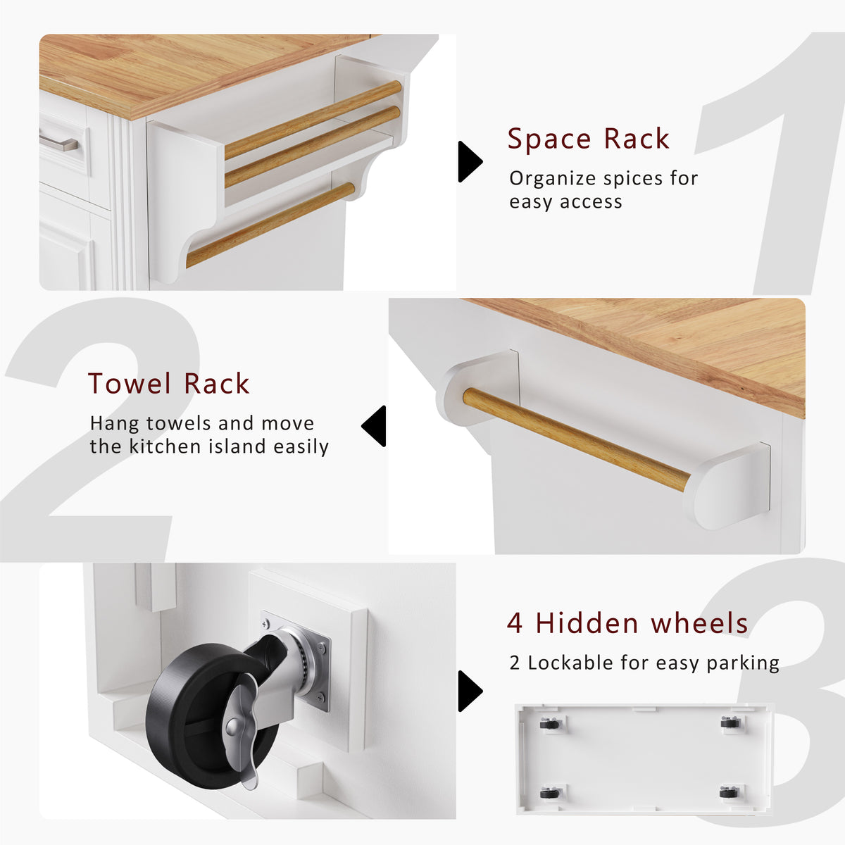 variant-group:rf-n707s195395w|Roomfitters 54" Kitchen Island with Wood Top, Rolling Storage Cabinet with 3 Drawers and 3 Doors, Spice Rack, White