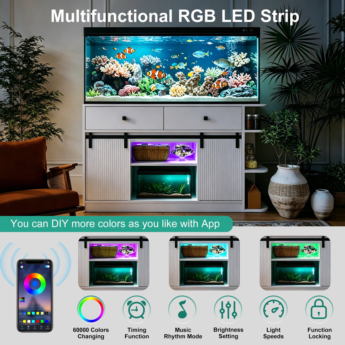 Roomfitters 75 Gallon Fish Tank Stand with Smart App RGB LED Lights Sliding Fluted Doors and Power Outlets White Roomfitters