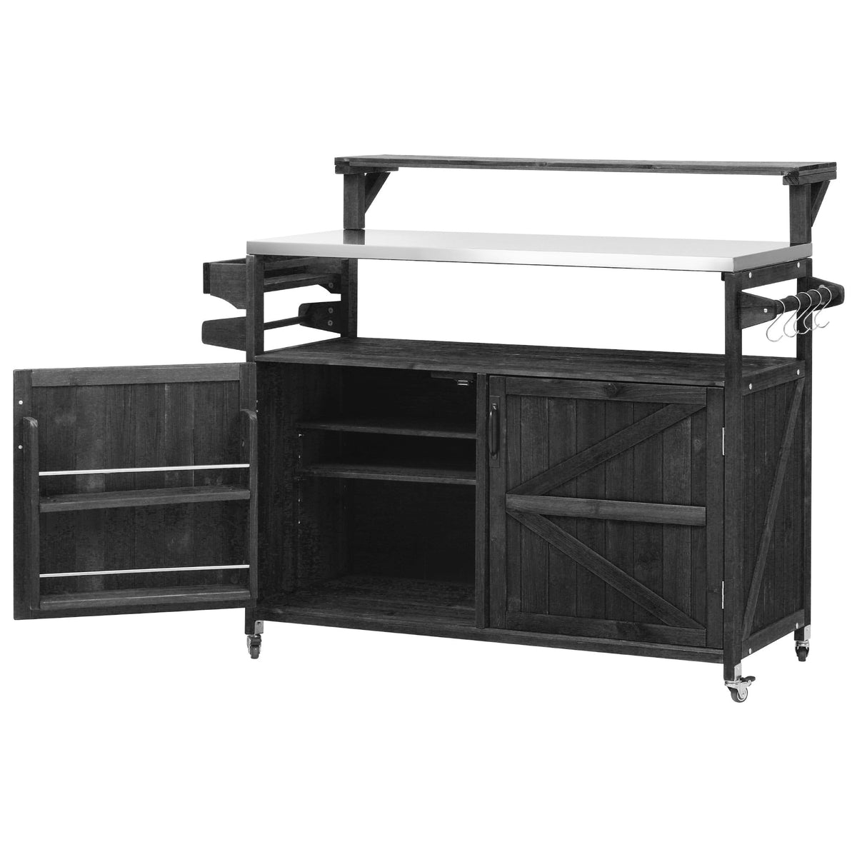 Roomfitters 56.5" Grill Cart, Outdoor Kitchen Island with Stainless Steel Top and Storage Cabinet, BBQ Prep Station, Black