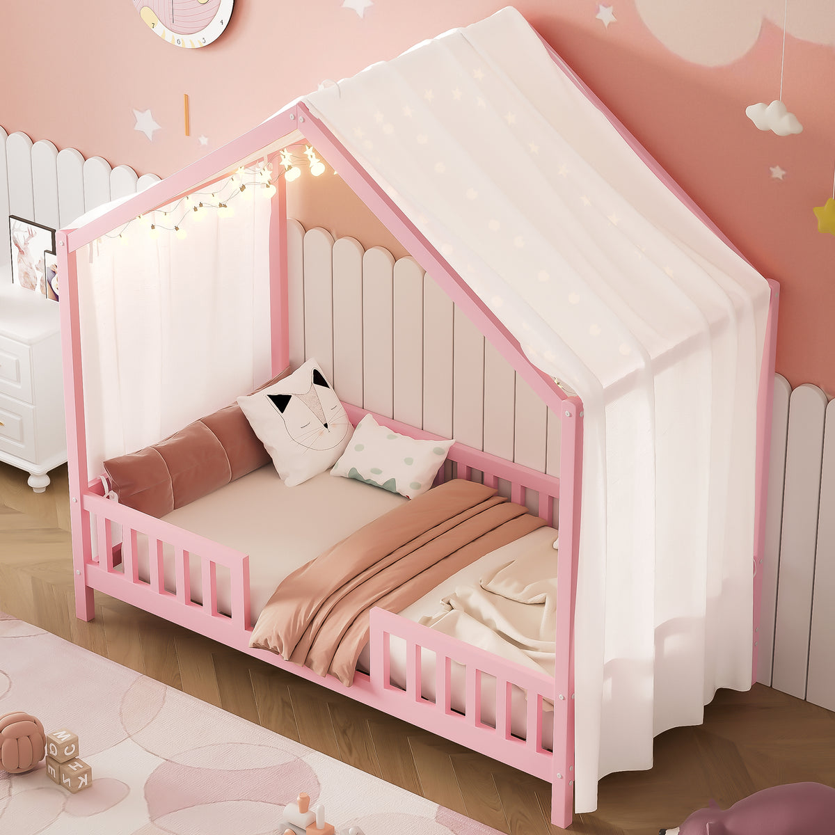 variant-group:rf-n733p356043h|Roomfitters Twin Montessori Floor Bed with Canopy, House Shape Wood Frame with Safety Rails, Youth Platform Bed, Pink