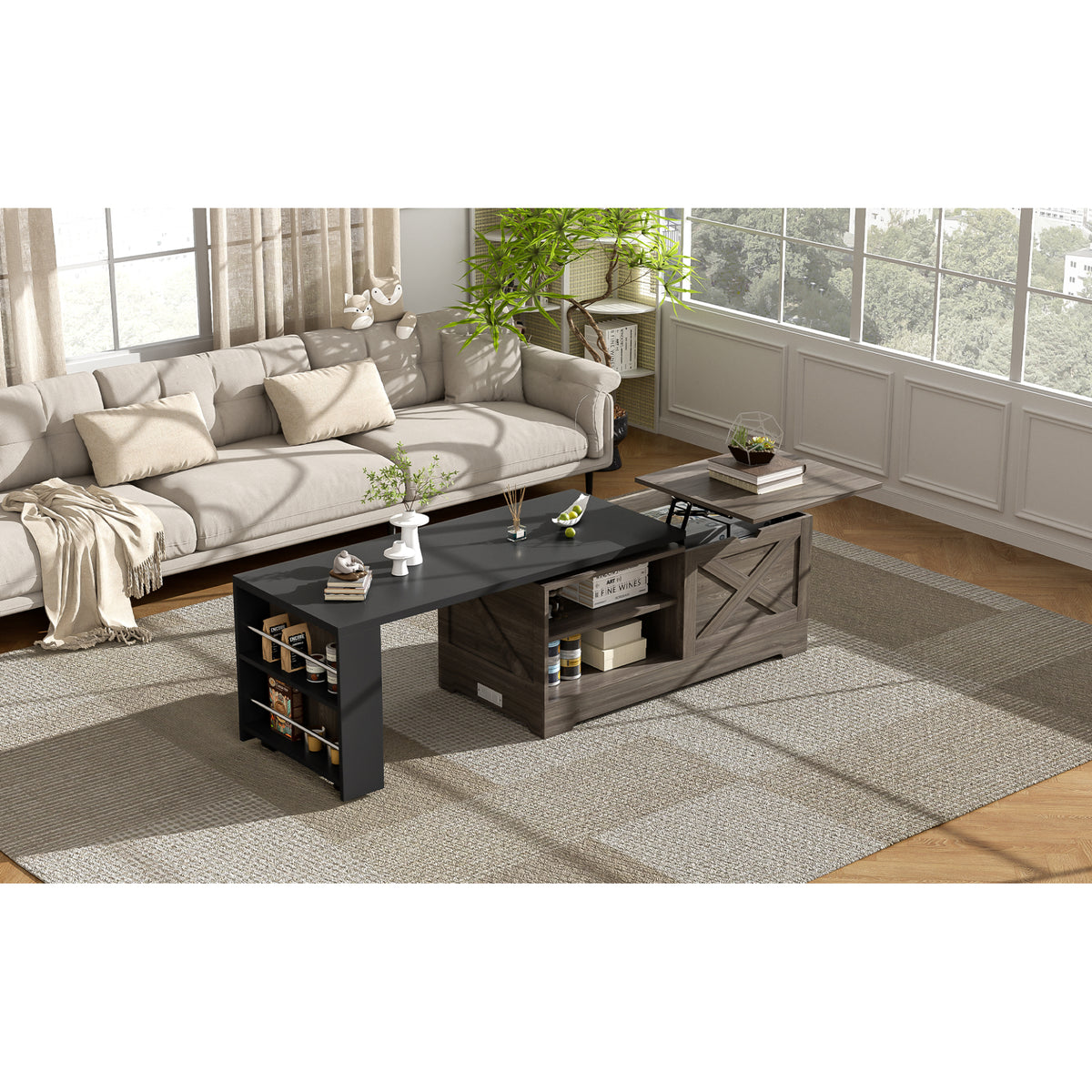 variant-group:rf-n724p351732e|Roomfitters Farmhouse Lift Top Coffee Table with Barn Doors and Outlets, Brown & Black