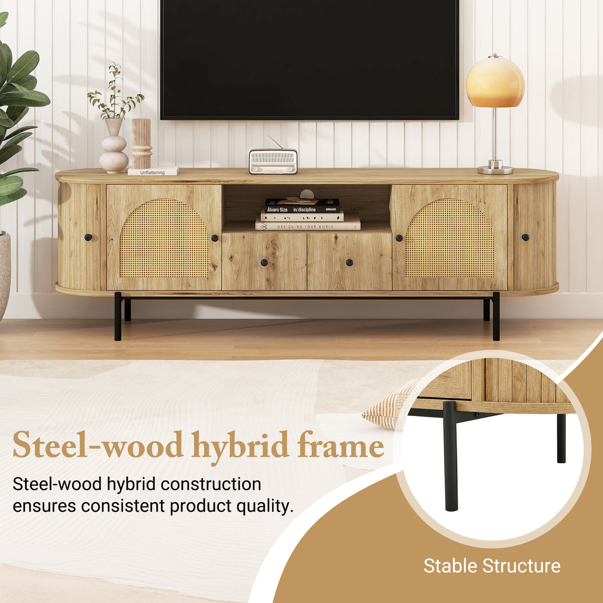 variant-group:rf-n724p437189d|Roomfitters American Style TV Stand with Rattan Arched Doors, Steel Legs, Burly Wood