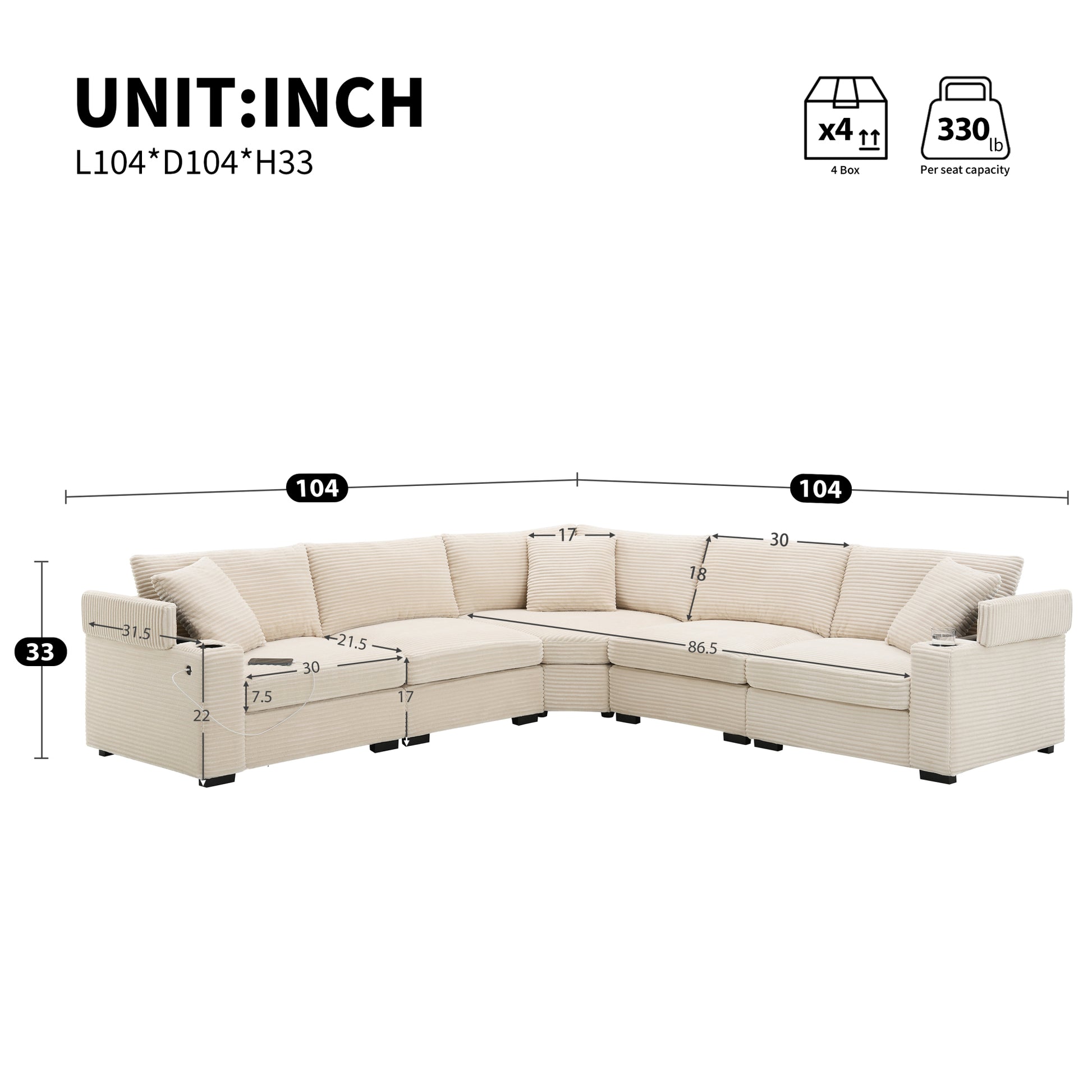 variant-group:rf-n723s1187a|Roomfitters 104 Inch Modern L-Shaped Sectional Sofa with Cup Holders, Comfortable Corduroy Upholstered Corner Couch, Beige